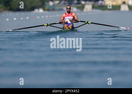 Zagreb, Kroatien. 05. Mai 2023. ZAGREB, KROATIEN - MAI 05: Damir Martin aus Kroatien tritt am 5. Mai 2023 in Zagreb, Kroatien, beim World Ruwing Cup 2023 Single Sculls Heat 4race für Männer gegeneinander an. Foto: Igor Kralj/PIXSELL Kredit: Pixsell/Alamy Live News Stockfoto