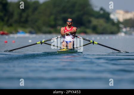 Zagreb, Kroatien. 05. Mai 2023. ZAGREB, KROATIEN - MAI 05: Damir Martin aus Kroatien tritt am 5. Mai 2023 in Zagreb, Kroatien, beim World Ruwing Cup 2023 Single Sculls Heat 4race für Männer gegeneinander an. Foto: Igor Kralj/PIXSELL Kredit: Pixsell/Alamy Live News Stockfoto