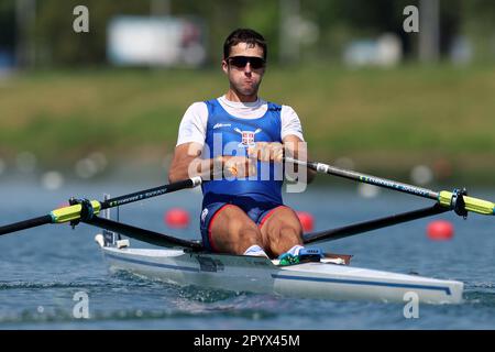 Zagreb, Kroatien. 05. Mai 2023. ZAGREB, KROATIEN - MAI 05: Nikolaj Pimenov aus Serbien tritt am 5. Mai 2023 in Zagreb, Kroatien, beim World Rowing Cup 2023 Single Sculls Heat 6 an. Foto: Igor Kralj/PIXSELL Kredit: Pixsell/Alamy Live News Stockfoto