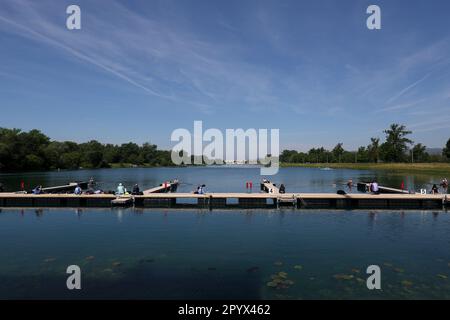 Zagreb, Kroatien. 05. Mai 2023. ZAGREB, KROATIEN - 05. MAI: Allgemeiner Blick auf den Jarunsee während des World Ruwing Cup 2023 Men's Four Race am 5. Mai 2023 in Zagreb, Kroatien. Foto: Igor Kralj/PIXSELL Kredit: Pixsell/Alamy Live News Stockfoto