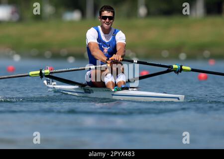 Zagreb, Kroatien. 05. Mai 2023. ZAGREB, KROATIEN - MAI 05: Nikolaj Pimenov aus Serbien tritt am 5. Mai 2023 in Zagreb, Kroatien, beim World Rowing Cup 2023 Single Sculls Heat 6 an. Foto: Igor Kralj/PIXSELL Kredit: Pixsell/Alamy Live News Stockfoto