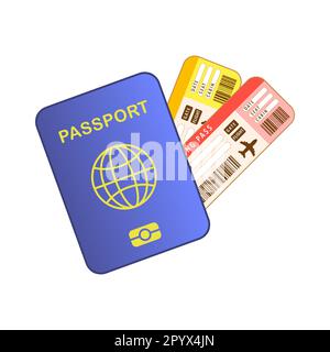 Vektordarstellung des internationalen Passes und der Bordkarten im Cartoon-Stil isoliert auf weißem Hintergrund Stock Vektor
