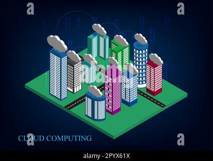 Die isometrische flache 3D-Stadt mit Wolkenkratzern und Clouds Concept Netzwerktechnologie Cloud Computing Datenspeicher Vektor-Illustrator Stockfoto