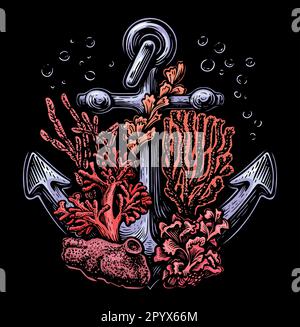 Unterwasser-Lebensstil. Anker mit Korallen- und Meerespflanzen. Vektor gezeichnete Abbildung Stock Vektor