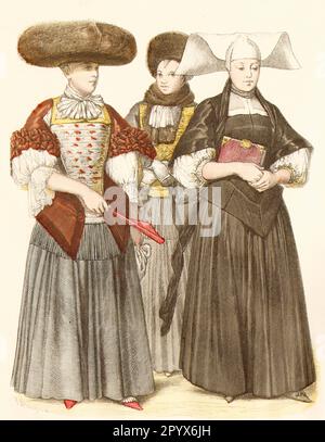 Edle Frauen in Straßburg in zeitgenössischer Kleidung, ca. 1670, von links. Eine Frau mit großen Mützen, eine Frau mit Wintergewohnheiten, in Trauer. [Maschinelle Übersetzung] Stockfoto