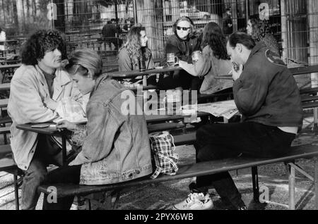 Gäste im Biergarten des Chinesischen Turms in München. Stockfoto