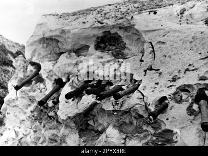 In einem deutschen Graben an der Front südlich des Ladoga-Sees liegen Handgranaten aus Stahl in der Schneewand. Foto: Schmidt-Scheeder. [Maschinelle Übersetzung] Stockfoto