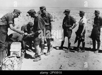 Soldaten des Deutschen Afrikakorps stehen bei einer Nahrungsmittelverteilung in Libyen. Foto: Boecker [maschinelle Übersetzung] Stockfoto