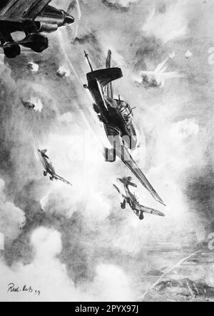 Eine deutsche Propaganda aus dem Jahr 1939 zeigt einen Angriff deutscher Tauchbomber während des polnischen Kampfes. [Maschinelle Übersetzung] Stockfoto