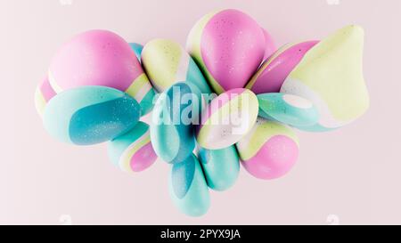 Ein 3D-Rendering abstrakter geometrischer Objekte, die in der Luft auf einem blassrosa Hintergrund schweben Stockfoto