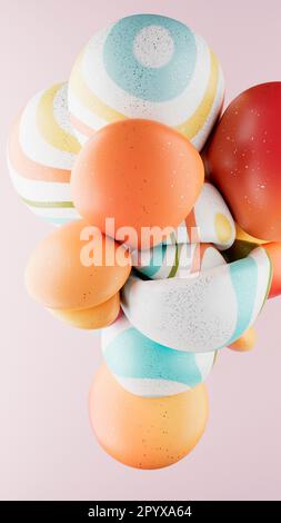 Ein 3D-Rendering abstrakter geometrischer zerknitterter kugelförmiger Objekte in einer blassrosa Umgebung Stockfoto