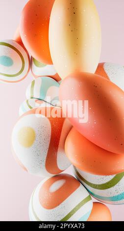 Ein 3D-Rendering abstrakter geometrischer zerknitterter kugelförmiger Objekte in einer blassrosa Umgebung Stockfoto