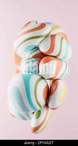 Ein 3D-Rendering abstrakter geometrischer zerknitterter kugelförmiger Objekte in einer blassrosa Umgebung Stockfoto
