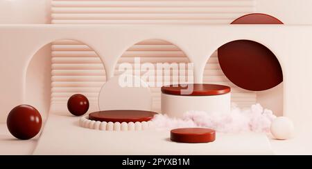 Ein 3D-Rendering einer abstrakten Kunstkomposition mit verschiedenen geometrischen Formen in Rot und Pink Stockfoto