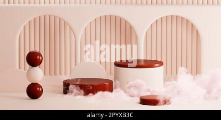 Ein 3D-Rendering einer abstrakten Kunstkomposition mit verschiedenen geometrischen Formen in Rot und Pink Stockfoto