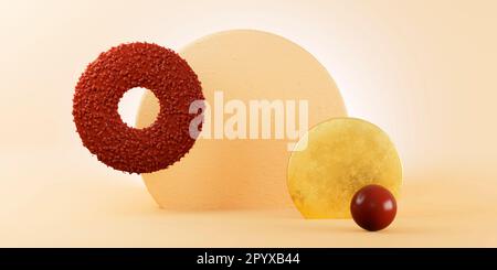 Eine 3D-Wiedergabe einer abstrakten Kunstkomposition mit verschiedenen geometrischen Formen in Rot und Creme Stockfoto