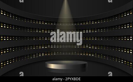 3D abstraktes Studiozimmer mit Podest. Schwarze geometrische Plattform mit goldenem Glitzer im rechteckigen Hintergrund. Stock Vektor