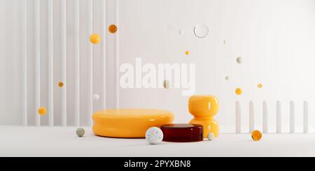 Ein 3D-Rendering einer abstrakten Kunstkomposition mit verschiedenen geometrischen Formen in Weiß und Gelb Stockfoto