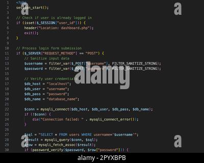 Software-Quellcode in PHP Open Source-Programmiersprache. Symbolisch für die Entwicklung von Internetanwendungen und Websites. Stockfoto
