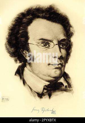 Franz Schubert (1797-1828), österreichischer Komponist. Zeichnung von K. J. Boehringer. Foto: Heliogravure, Corpus Imaginum, Hanfstaengl Collection. [Maschinelle Übersetzung] Stockfoto