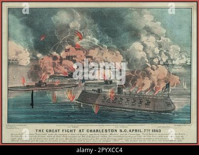 AMERIKANISCHE BÜRGERKRIEGSDARSTELLUNG, der große Kampf in Charleston S.C. April 7. 1863 - Zwischen 9 US-amerikanischen "Iron-Clads" unter dem Kommando von Admiral Dupont und Forts Sumter, Moultrie, und den Cummings und den Point-Batterien im Besitz der Rebellen-Konföderierten Armee" Stockfoto