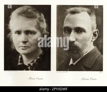 Marie Curie (1867-1934), französische Chemikerin und Physikerin polnischer Herkunft. Foto von Henri Manuel, Paris. Pierre Curie (1859-1906), französischer Physiker. Foto von Eug Pirou, Paris. Das Curie-Paar und A. H. Becquerel erhielten 1903 für ihre Forschung den Nobelpreis für Physik. Marie Curie erhielt 1911 einen weiteren Nobelpreis für Chemie. Fotos: Heliogravure, Corpus Imaginum, Hanfstaengl Collection. [Maschinelle Übersetzung] Stockfoto