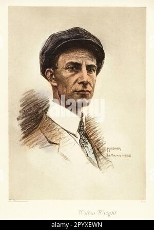 Wilbur Wright (1867-1912), Pionier der amerikanischen Luftfahrt und Bruder von Orville Wright, mit dem er sein ganzes Leben lang eng zusammenarbeitete. Zeichnung von Leo Mielziner. Foto: Heliogravure, Corpus Imaginum, Hanfstaengl Collection.nn [automatisierte Übersetzung] Stockfoto