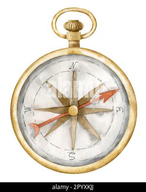 Goldener Handkompass im Vintage-Stil. Aquarell gezeichnete Darstellung der alten nautischen Navigationsausrüstung auf isoliertem weißem Hintergrund für Reisen und Abenteuer. Zeichnung des Navigationsobjekts für Symbol oder Logo Stockfoto