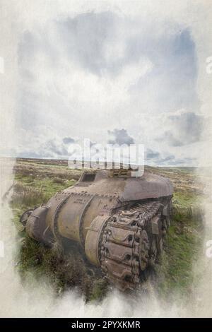 Verlassene Sherman Tank digitale Aquarellmalerei im Peak District National Park an den Kakerlaken, Upper Hulme mit Ramshaw Rocks in der Ferne. Stockfoto