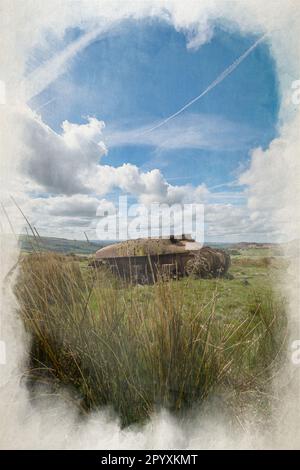 Verlassene Sherman Tank digitale Aquarellmalerei im Peak District National Park an den Kakerlaken, Upper Hulme mit Ramshaw Rocks in der Ferne. Stockfoto