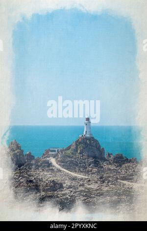 Digitale Aquarellmalerei des Leuchtturms La Corbiere auf der Landzunge von St. Brelade im Südwesten der britischen Krone Jersey, Chan Stockfoto