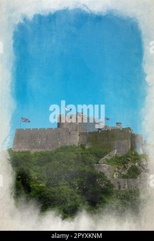 Ein wasserfarbenes digitales Gemälde des berühmten Schlosses Mont Orgueil. Gorey Hafen, Jersey, Kanalinseln, Britische Inseln. Stockfoto