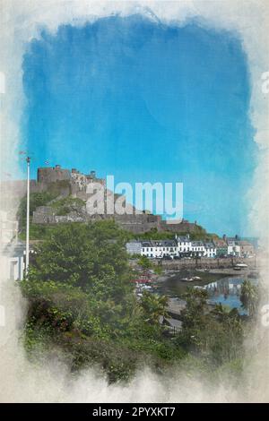 Ein wasserfarbenes digitales Gemälde des berühmten Schlosses Mont Orgueil. Gorey Hafen, Jersey, Kanalinseln, Britische Inseln. Stockfoto