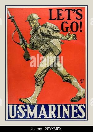 Vintage US MARINES 1940er WW2 American World war II Propaganda Retro Poster mit einem Gewehr tragenden US Marine in Uniform unter der Überschrift „LOS geht's!“ Und unter einem blauen Block mit weißem Text, auf dem steht "U.S. Marines". Stockfoto