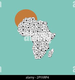 Die Silhouette afrikas besteht aus einem schwarz-weiß gemusterten Papier vor einem braunen Kreis, der eine aufgehende Sonne darstellt, und einem blassgrünen Hintern Stockfoto