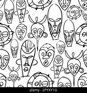 Tribal Masks nahtloses Muster-Vektordesign. Afrikanische Ornamente im handgezeichneten Stil auf isoliertem weißem Hintergrund. Für Dekoration, Stoff, Tapete Stock Vektor
