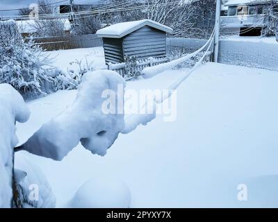 Mit Blick auf einen Garten, bedeckt mit einer Schicht frischen Schnees, schneebedeckte Wäscheleine im Vordergrund. Stockfoto