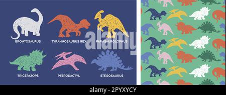 Dinosaurier Doodle nahtloses Muster-Set-Vektordesign. Uralte Tiere im Freihandstil auf isoliertem blauem und grünem Hintergrund. Zur Dekoration, Fabri Stock Vektor