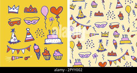 Happy Birthday Doodle nahtloses Muster-Set Vektordesign. Festliche Elemente im handgezeichneten Stil auf gelbem Hintergrund. Für Stoff, Tapete und Stock Vektor