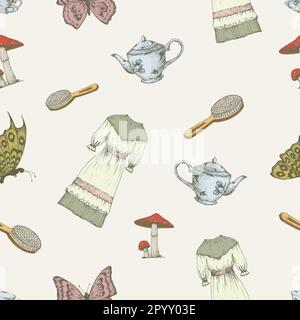 Elemente im Cottagecore-Stil mit nahtlosem Vektormuster. Handgezeichnete Bunte Vektorabbildungen Hintergrund. Freizeitangebote auf dem Land und Picknick Doodle Goods Stock Vektor