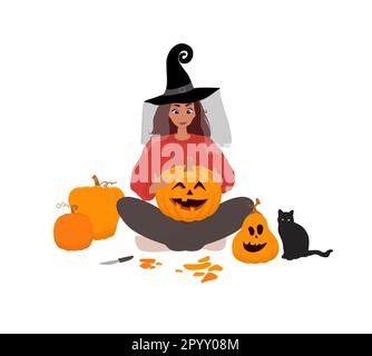 Süßes Mädchen, gekleidet als Hexe, die Kürbisse schnitzt Stock Vektor