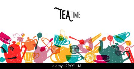Tea Time farbenfrohes Banner-Vektordesign. Mehrfarbige Küchenelemente im handgezeichneten Stil auf isoliertem weißem Hintergrund. Für Tapeten, Dekorationen und Stock Vektor