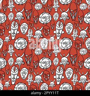 Afrikanische Tribal Masks nahtloses Muster Vektordesign. Gesichtsschmuck im handgezeichneten Stil auf rotem Hintergrund. Für Dekoration, Stoff, Tapete und W Stock Vektor