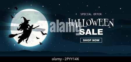 Hexe fliegt auf einem Besenstiel über Vollmond. Sonderangebot Stock Vektor