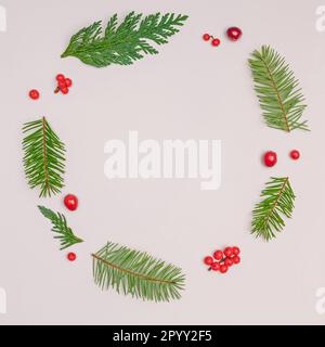 Grüne Zweige und rote Beeren in einem Kreis angeordnet, Weihnachtskranz Konzept, Draufsicht Stockfoto