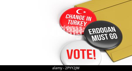 Veränderung in der Türkei, Erdogan muss gehen, Text auf einer farbigen türkischen Flagge wählen, ein Abzeichen über dem Umschlag, General- und Präsidentschaftswahlen in der Türkei 2023 Stockfoto