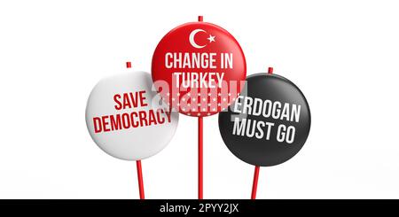 Veränderung in der Türkei, Sichere Demokratie, Erdogan muss Text auf ein farbiges türkisches Abzeichen schreiben, General- und Präsidentschaftswahlen in der Türkei 2023, zurück Stockfoto