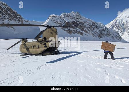 Alaska, USA. 24. April 2023. Soldaten entladen Vorräte für das Bergsteigerbasislager des National Park Service am Kahiltna-Gletscher im Denali-Nationalpark in Alaska, 24. April 2023. Die Partnerschaft bietet dem Park Schwerlasttransporte und zusätzliche Such- und Rettungsmöglichkeiten sowie ein Höhentraining für den Soldiers Credit: U.S. Navy/ZUMA Press Wire Service/ZUMAPRESS.com/Alamy Live News Stockfoto