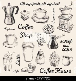 Handgezeichnetes Set Coffee Vector Illustration Handgezeichnetes Set Coffee Vector Illustration Stock Vektor