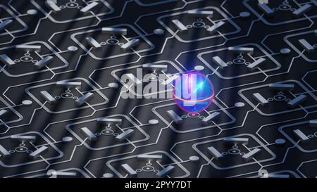 Quantenqubit in Superposition auf Quantencomputer-Leiterplatte, bloch-Kugel, Nahaufnahme, 3D-Rendering Stockfoto